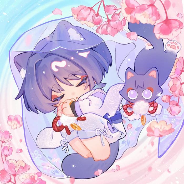 Ảnh Wanderer Chibi Cute Genshin Impact Dễ Thương Nhất 2025 4 Ảnh chibi Wanderer nằm ngủ cùng mèo nhỏ siêu dễ thương