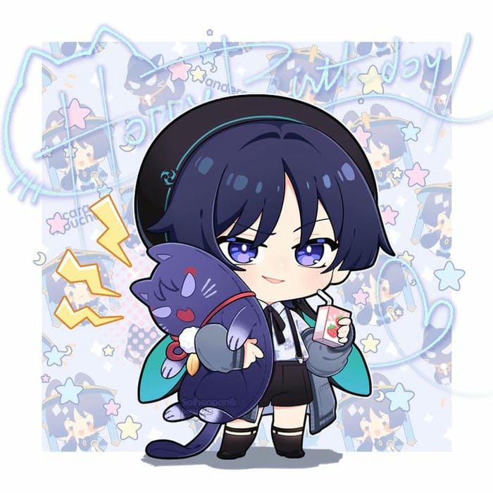 Ảnh Wanderer Chibi Cute Genshin Impact Dễ Thương Nhất 2025 6 Ảnh chibi Wanderer ôm mèo nhỏ siêu dễ thương