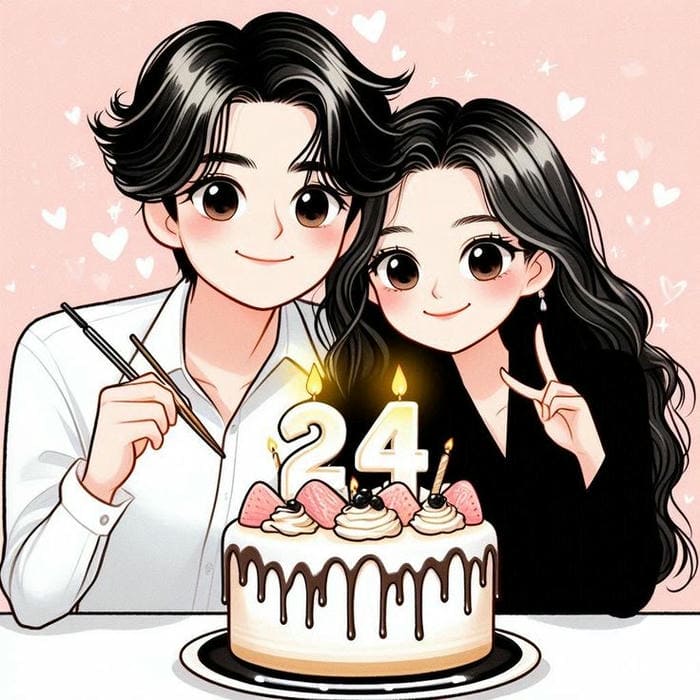 Ảnh chibi anime cặp đôi và bánh sinh nhật