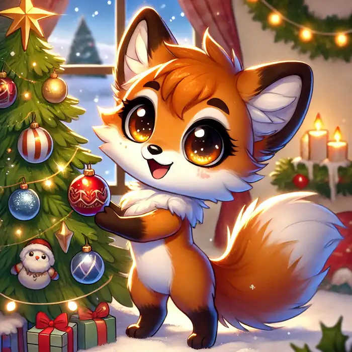 Ảnh chibi cáo nhỏ trang trí cây thông