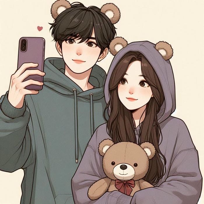 Ảnh chibi cặp đôi cùng gấu bông siêu dễ thương