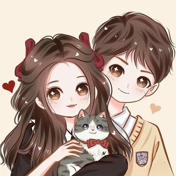 Ảnh chibi cặp đôi cùng mèo con siêu đáng yêu