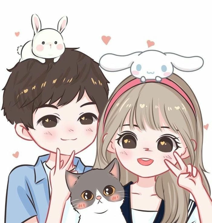 Ảnh chibi cặp đôi cùng mèo nhỏ đáng yêu