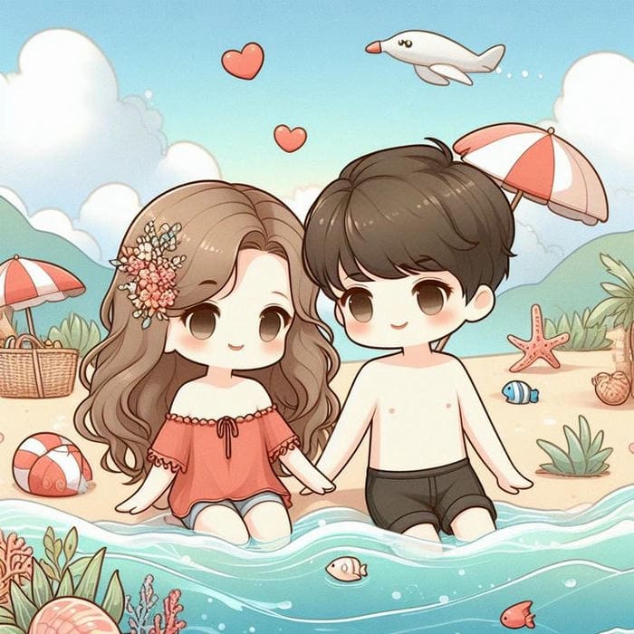 Ảnh chibi cặp đôi đi biển siêu dễ thương