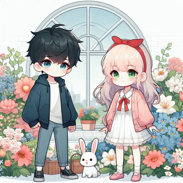 Ảnh chibi cặp đôi và thỏ con siêu dễ thương