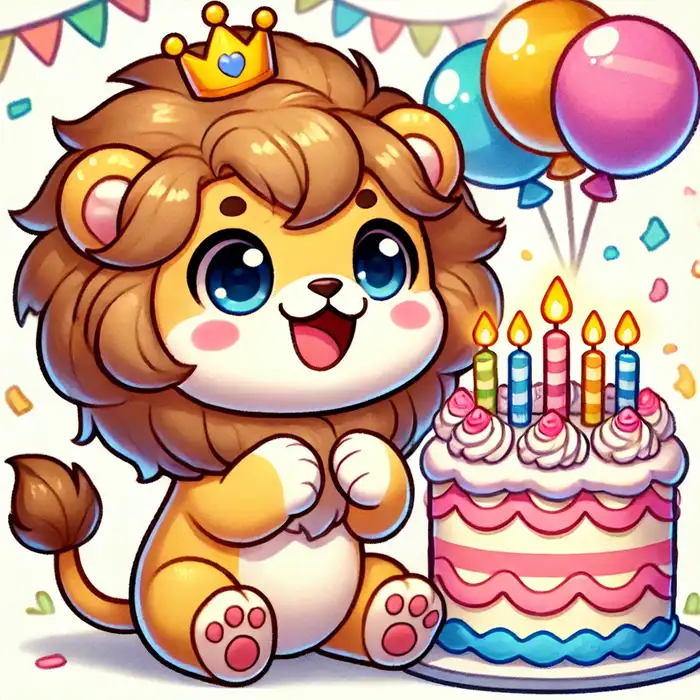 Ảnh chibi sư tử và bánh sinh nhật siêu đáng yêu