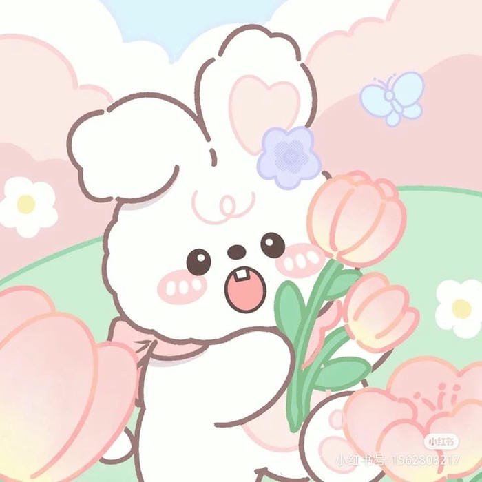 Tổng hợp 299 ảnh thỏ chibi cute, tải miễn phí cho điện thoại 6 Ảnh chibi thỏ trắng hái hoa tulip