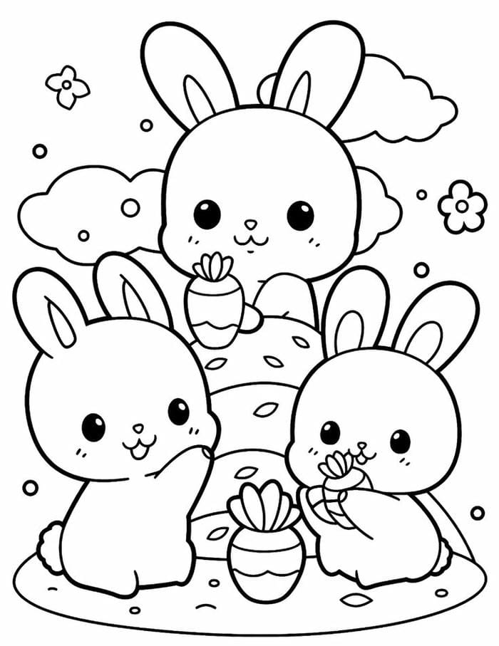 199+ Hình tranh tô màu con thỏ chibi cute dễ thương cho bé 1 Ảnh tranh tô màu 3 chú con đáng yêu cho bé