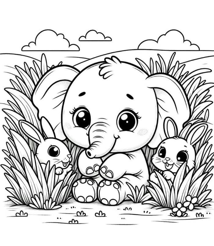 Tải miễn phí 100+ hình ảnh tranh tô màu con voi đẹp dễ thương 1 Ảnh tranh tô màu hình voi con và thỏ nhỏ đáng yêu