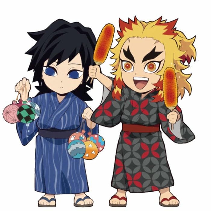 Chibi Rengoku và Giyuu mặc kimono siêu đáng yêu
