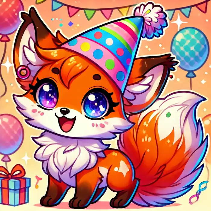 Chibi cáo nhỏ đội mũ sinh nhật siêu đáng yêu