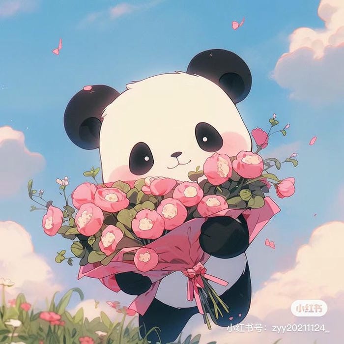 Nhìn Gấu Trúc Chibi Mà Tự Dưng Muốn... Ôm Một Cái! 3 Chibi gấu trúc ôm hoa đáng yêu