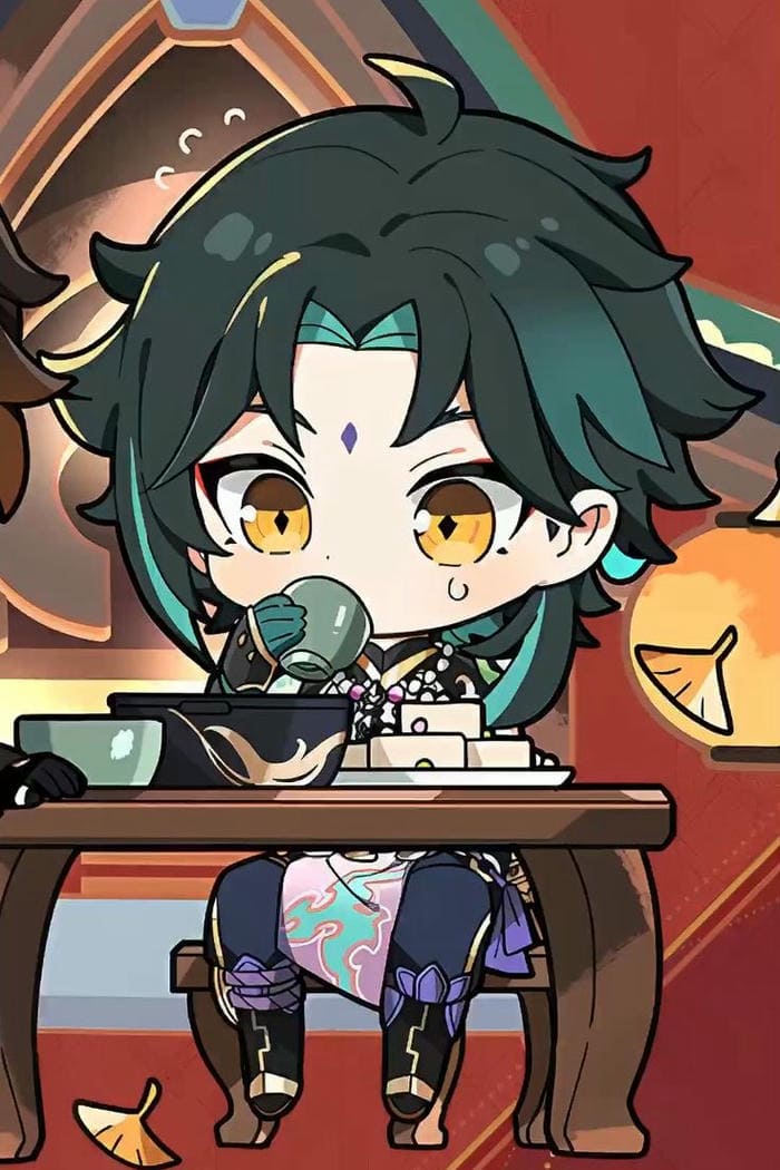 Hình ảnh chibi Xiao ngồi uống trà