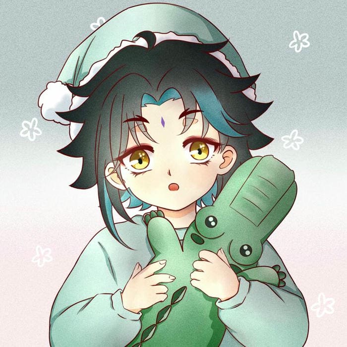 Hình ảnh chibi Xiao ôm cá sấu bông siêu dễ thương
