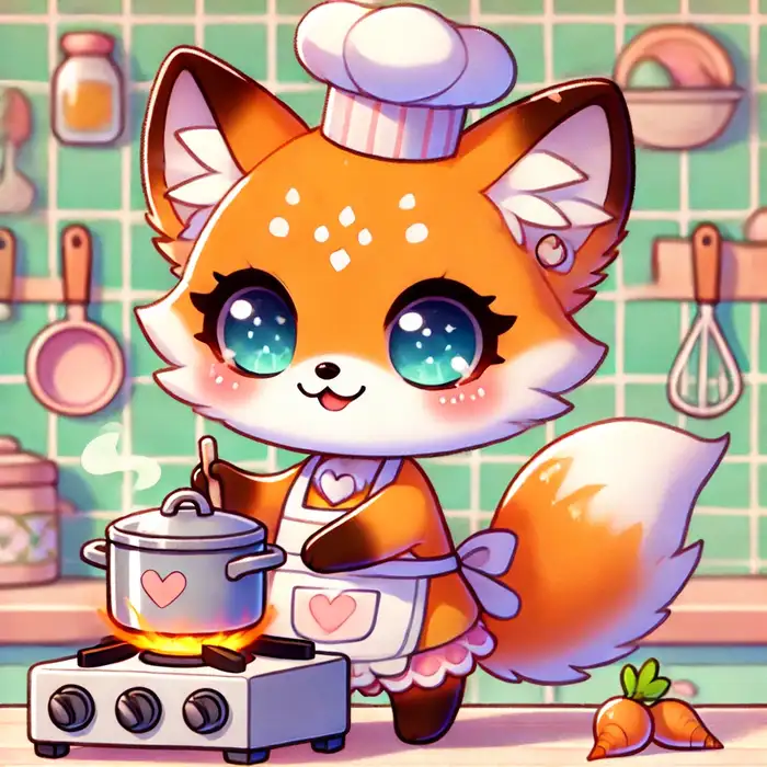 Hình ảnh chibi cáo nhỏ nấu ăn siêu dễ thương