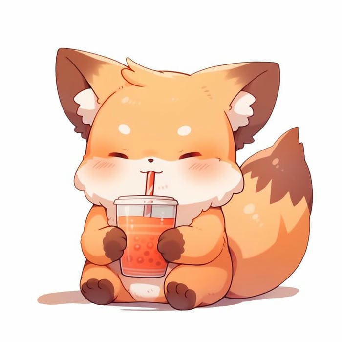 Hình ảnh chibi cáo nhỏ uống trà sữa siêu cute