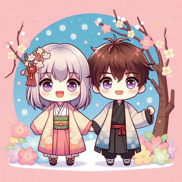 Hình ảnh chibi cặp đôi mặc kimono siêu dễ thương