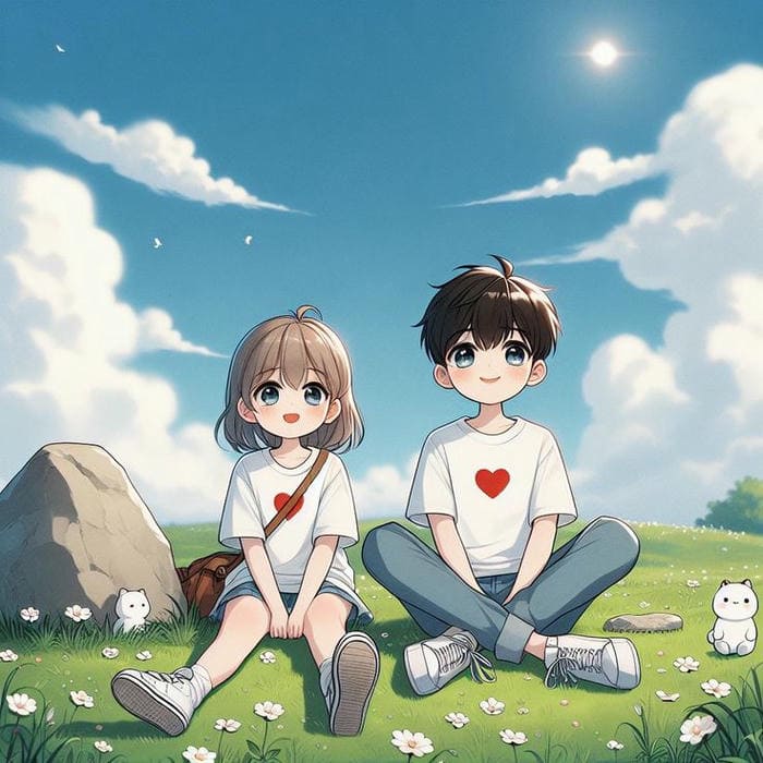 Hình ảnh chibi cặp đôi ngồi trên đồi cỏ