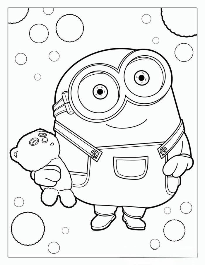 Hình ảnh tranh tô màu Minion ôm gấu