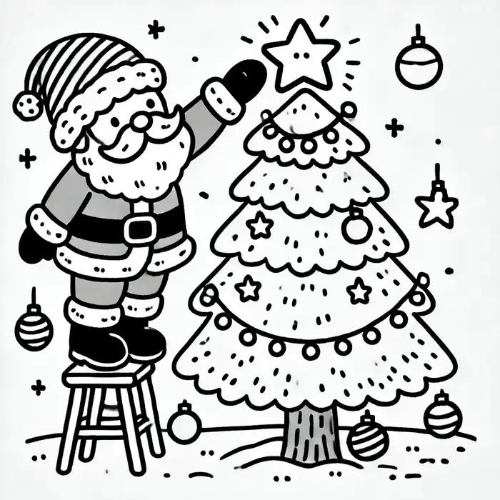 Hình ảnh tranh tô màu ông già noel trang trí cây thông