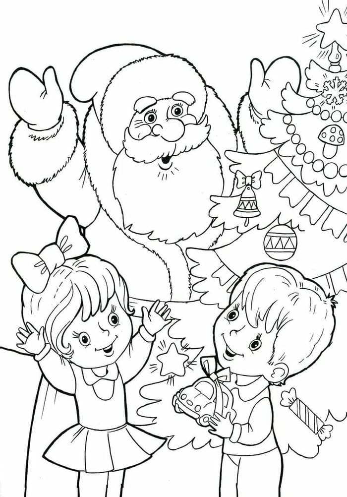 Hình ảnh tranh tô màu ông già noel và các bạn nhỏ siêu đáng yêu
