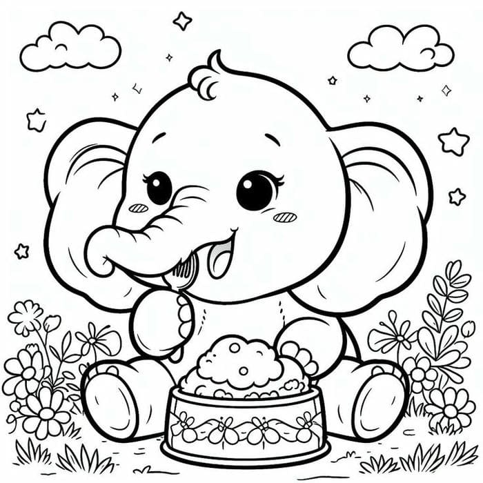 Hình ảnh tranh tô màu voi con ham ăn siêu cute