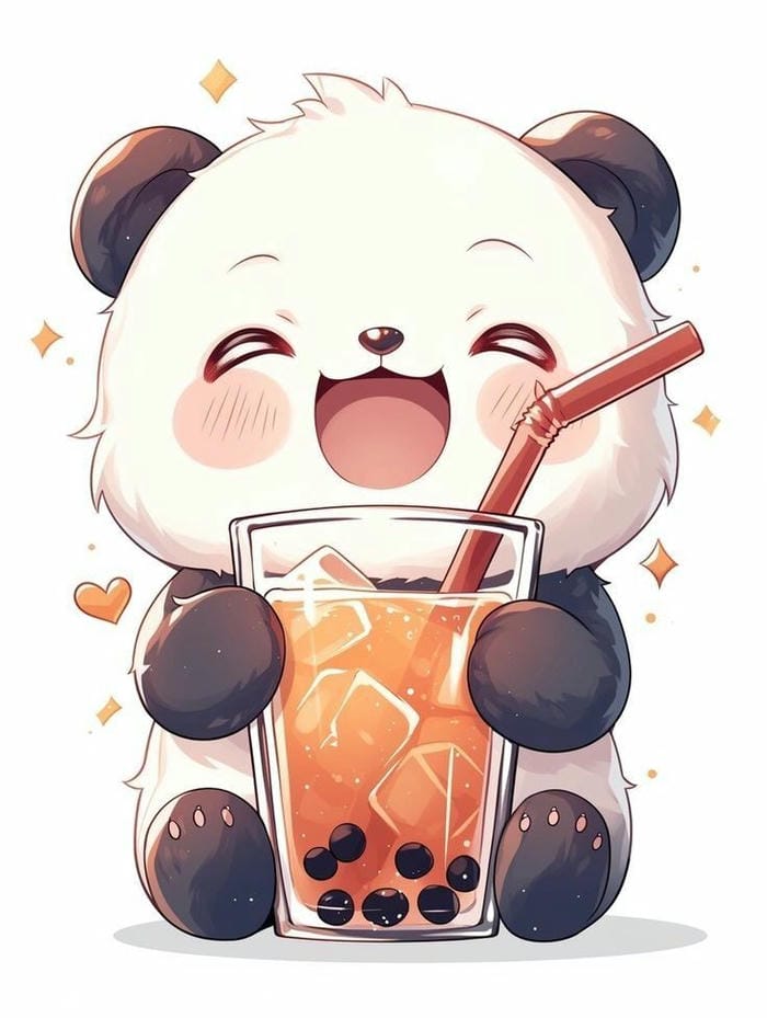 Hình chibi gấu trúc uống trà sữa