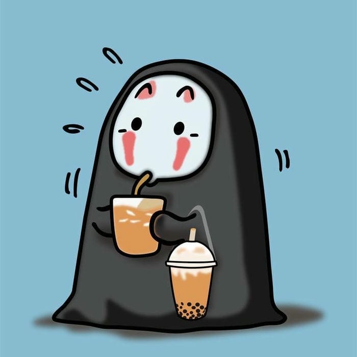 Vô Diện chibi uống trà sữa