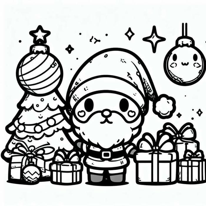 Hình tranh tô màu chibi ông già noel cùng cây thông