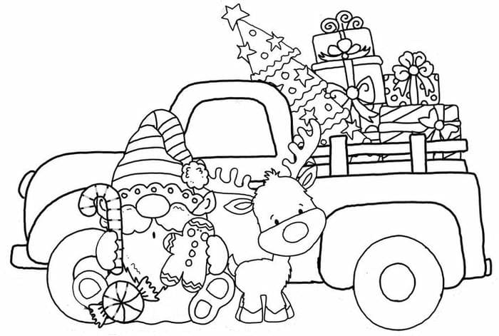 Hình tranh tô màu ông già noel cùng xe chở quà