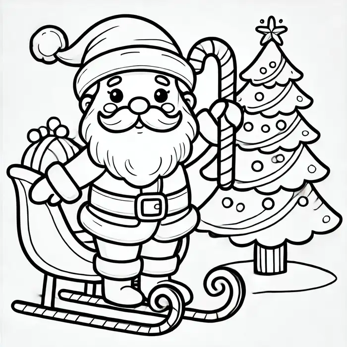 Hình tranh tô màu ông già noel ngồi trên xe trượt tuyết cùng cây thông