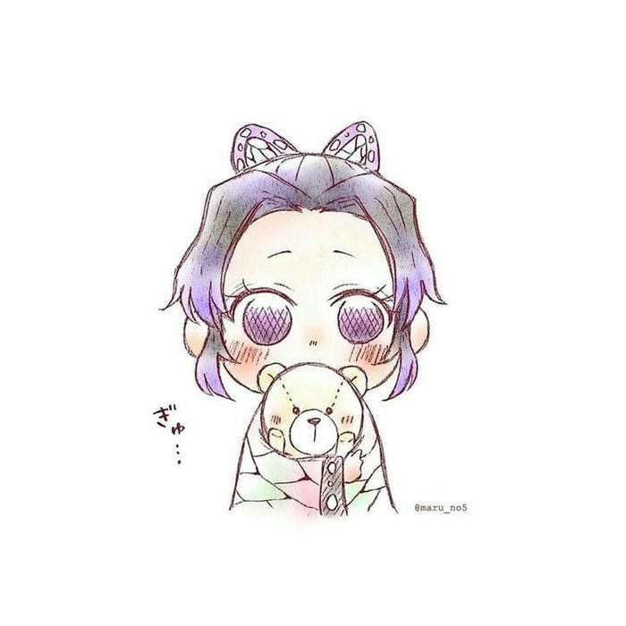 Hình vẽ chibi Shinobu ôm gấu đáng yêu