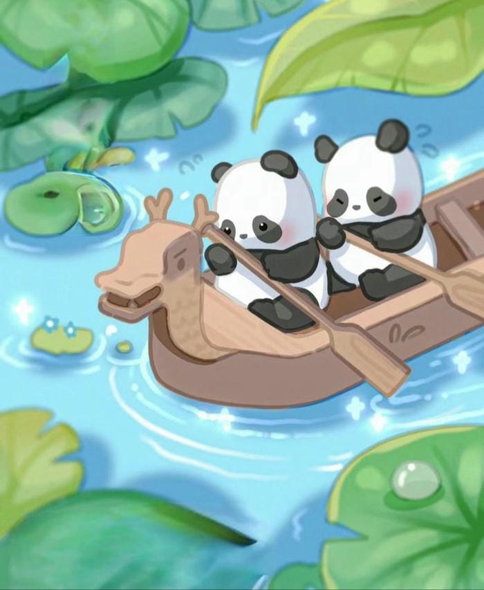 Hình vẽ chibi gấu trúc chèo thuyền