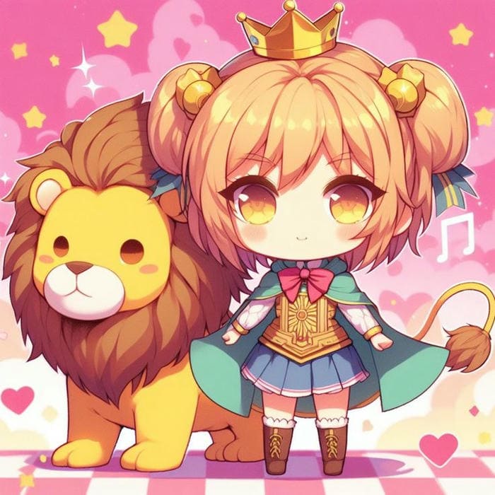 Tranh anime nữ cùng sư tử con chibi đáng yêu
