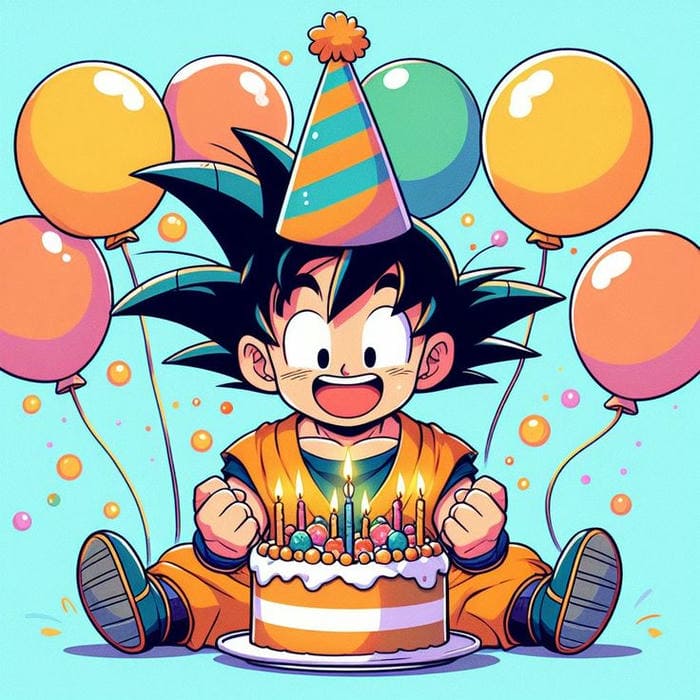 Tranh chibi Goku đội mũ sinh nhật siêu đáng yêu
