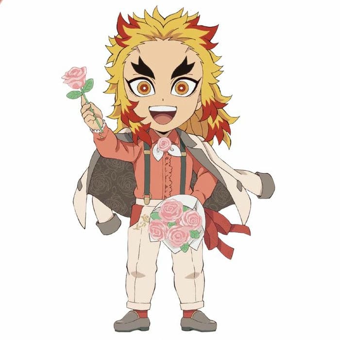 Tranh chibi Rengoku cầm hoa hồng
