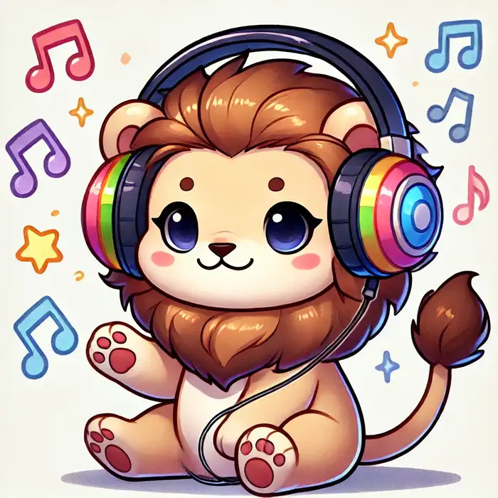Tranh sư tử chibi đeo tai nghe siêu đáng yêu