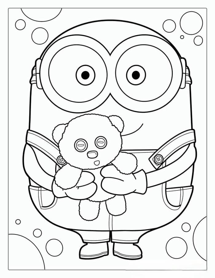 Tranh tô màu Minion ôm gấu siêu đáng yêu