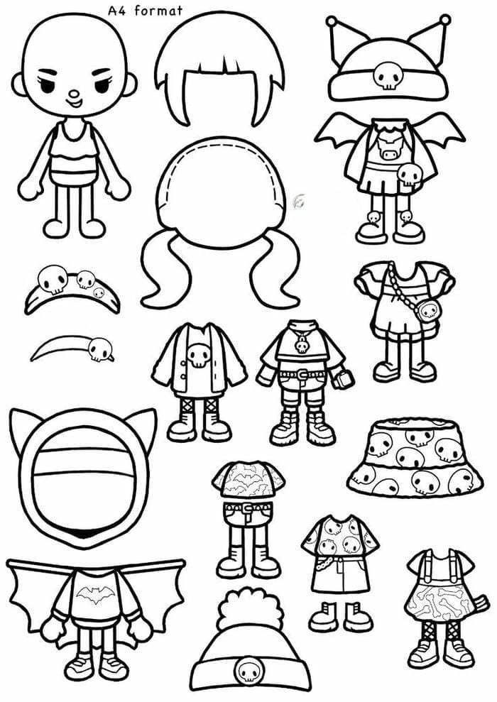 99+ Tranh tô màu búp bê giấy chibi cute dễ thương 20 Tranh tô màu búp bê Tocaboca giấy trang phục Kuromi đáng yêu