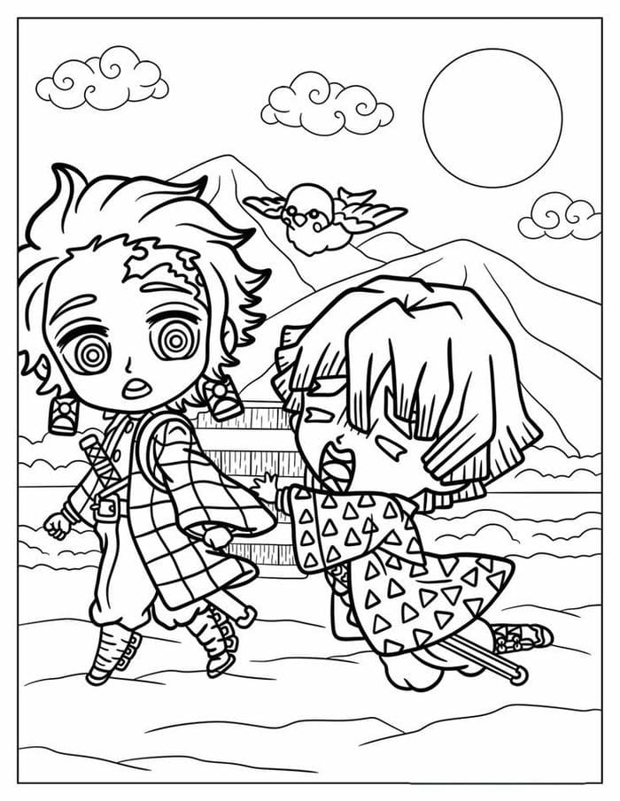 Tranh tô màu chibi Tanjiro và Zenitsu siêu đáng yêu