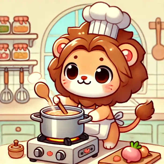 Tranh tô màu hình chibi sư tử nấu ăn