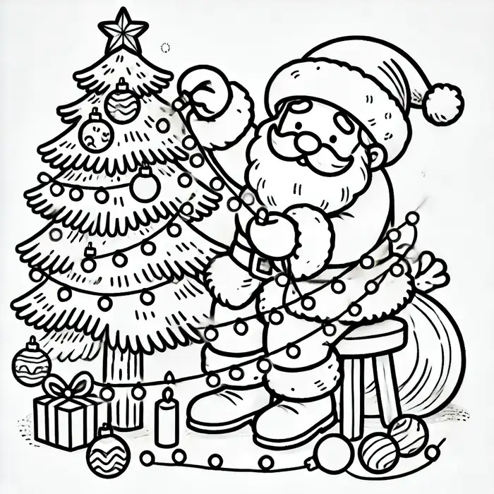 Tranh tô màu hình ông già noel trang trí cây thông