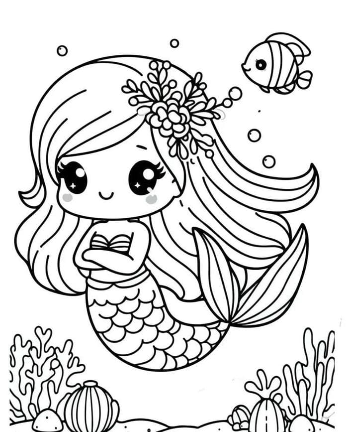 Tranh tô màu nàng tiên cá chibi đơn giản, đáng yêu