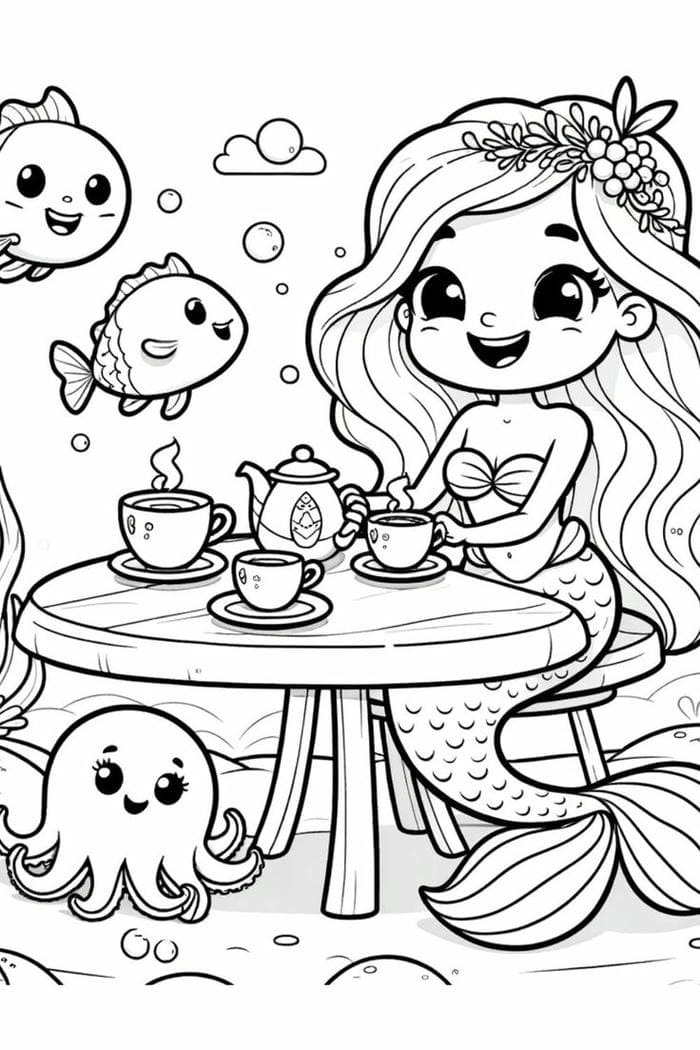 Top 99+ tranh tô màu nàng tiên cá chibi xinh đẹp cho bé gái 33 Tranh tô màu nàng tiên ngồi uống trà