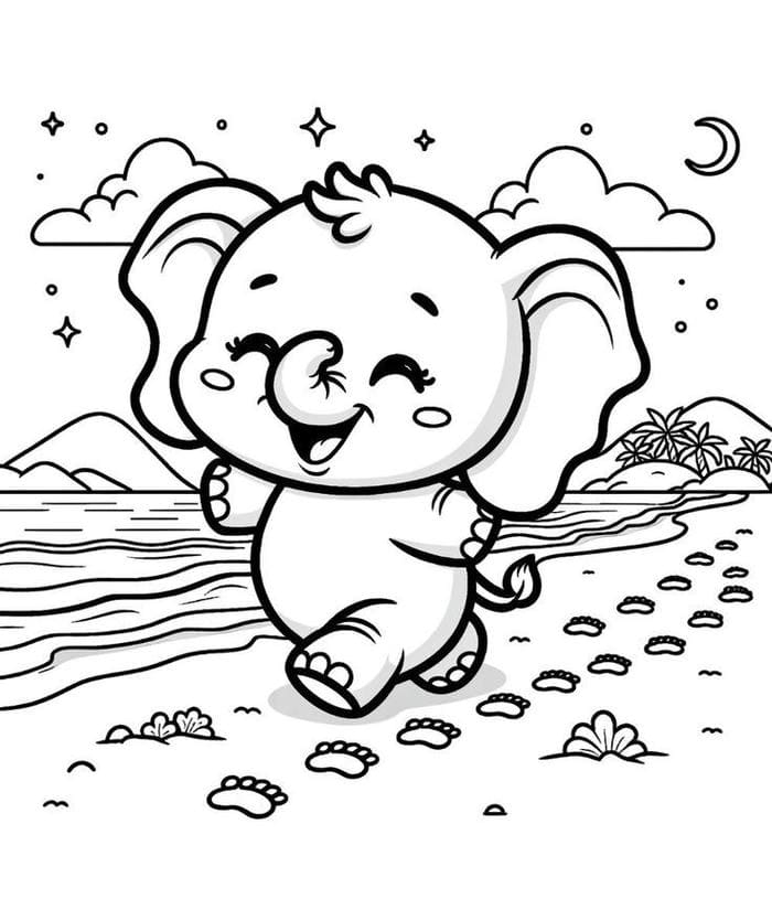 Tranh tô màu voi con tươi cười đáng yêu