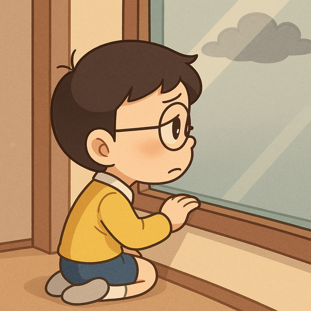 nobita chibi buồn ngồi nhìn ra cửa sổ trong ngày âm u