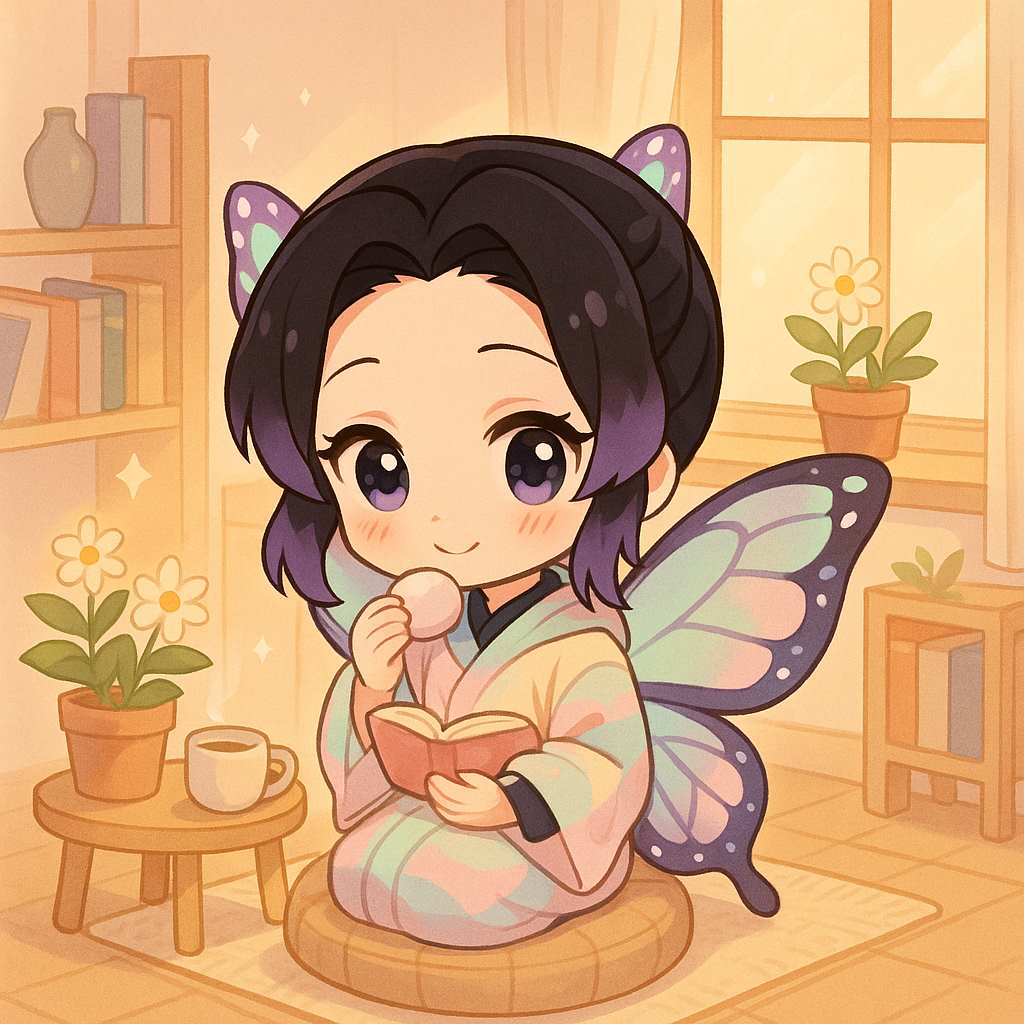 Shinobu Chibi Cute – Khi Nụ Cười Dịu Dàng Gây Sát Thương Gấp Đôi 14 Shinobu chibi cosplay bướm cầm bánh mochi dễ thương.